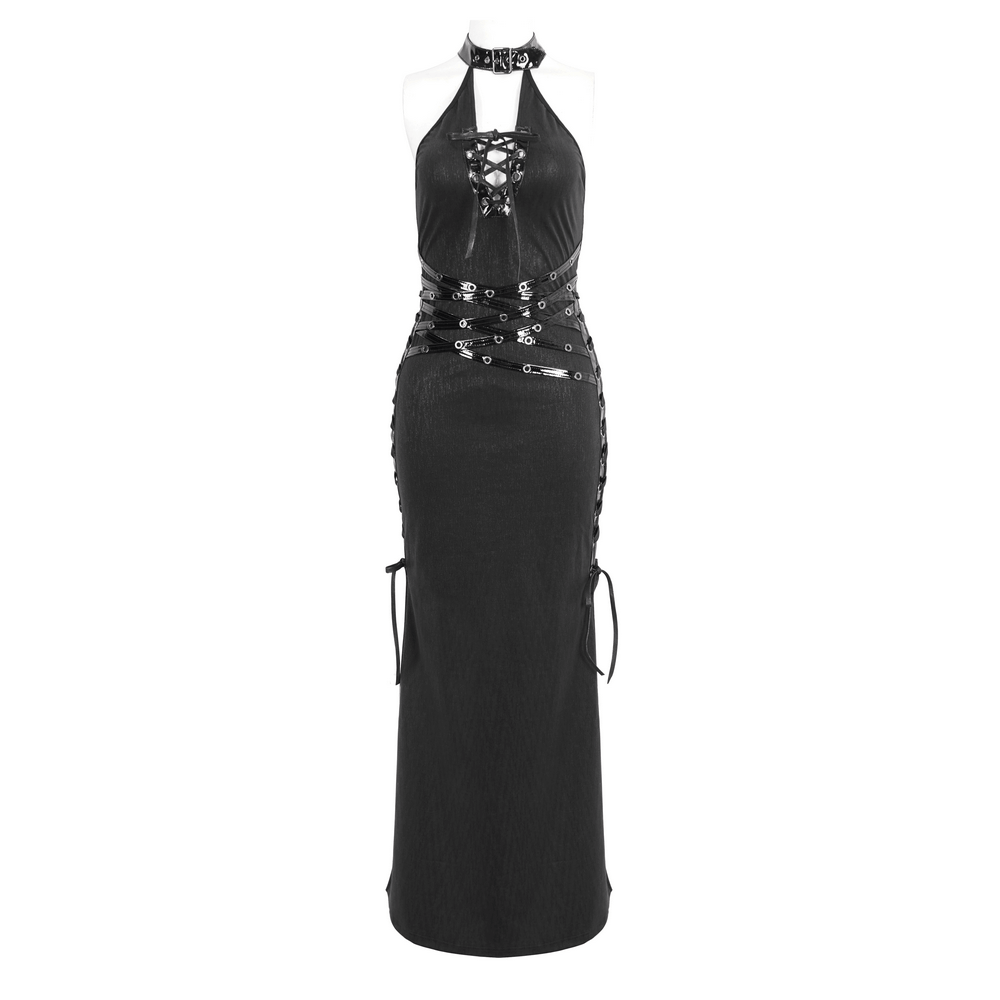 Elegant black Gothic halter maxi dress featuring lace-up sides, buckle detail, and daring side slit for chic evening events.