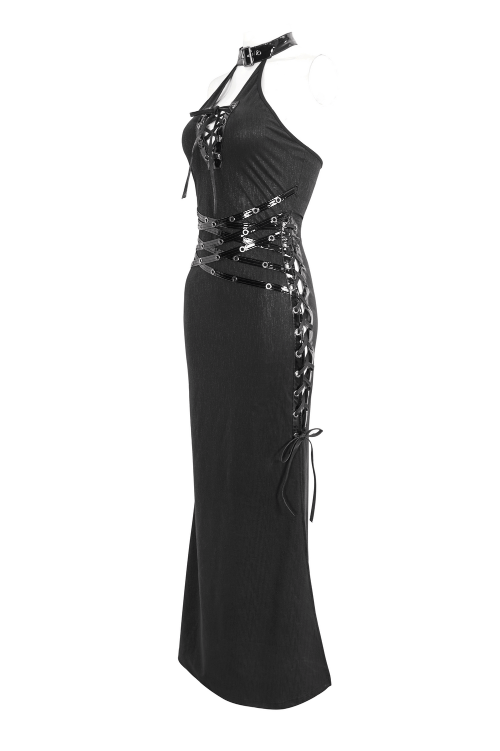 Elegant black gothic halter maxi dress with lace-up sides and daring side slit, perfect for formal events.