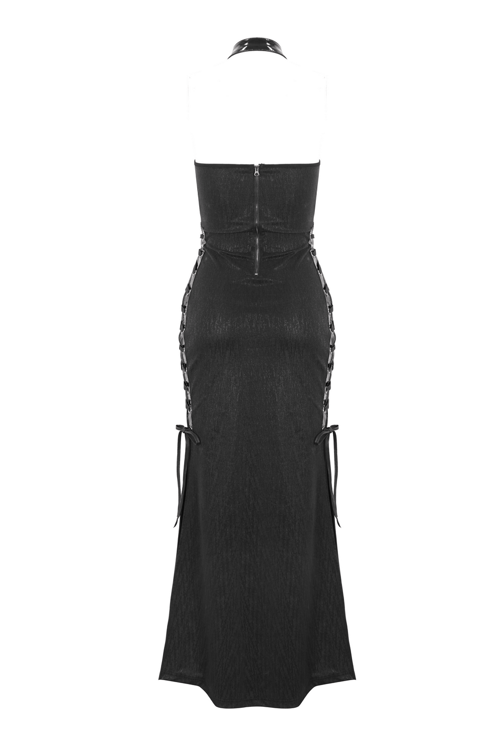 Back view of elegant gothic halter maxi dress with lace-up sides and buckle detail, perfect for formal occasions.