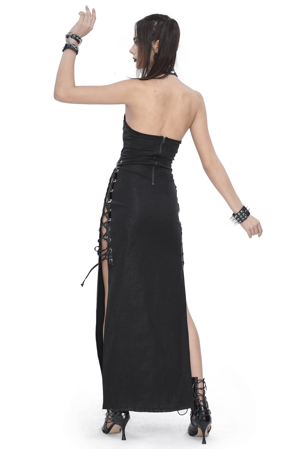 Elegant gothic halter maxi dress with lace-up sides and side slit, perfect for evening events.