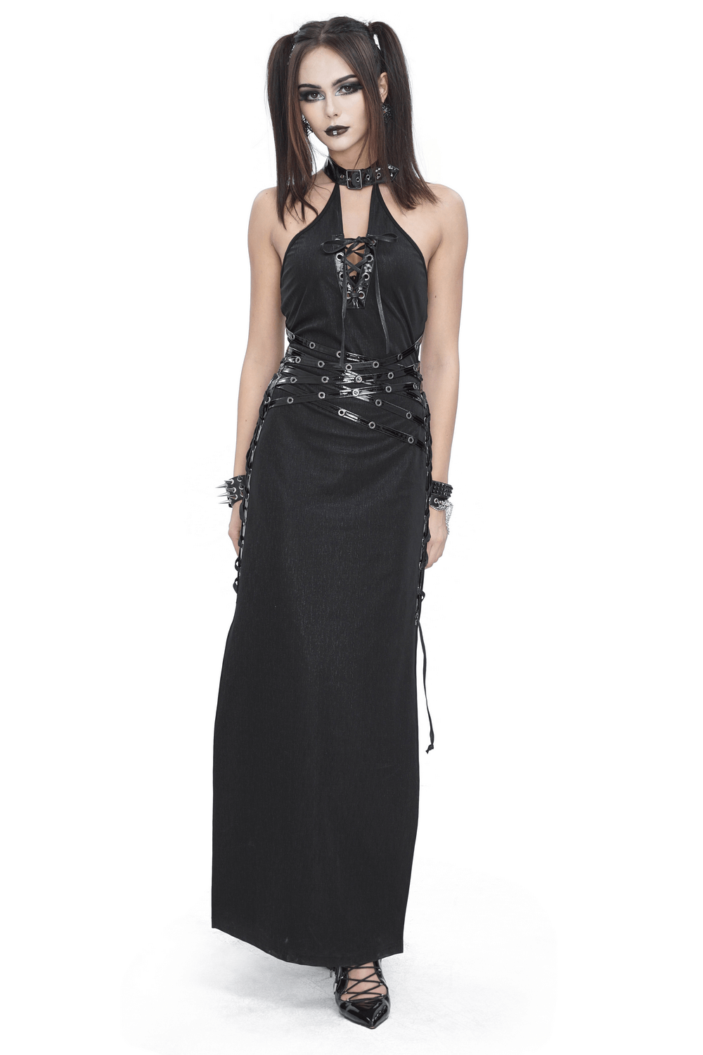 Elegant gothic halter maxi dress with side slits and lace-up details, perfect for evening events.