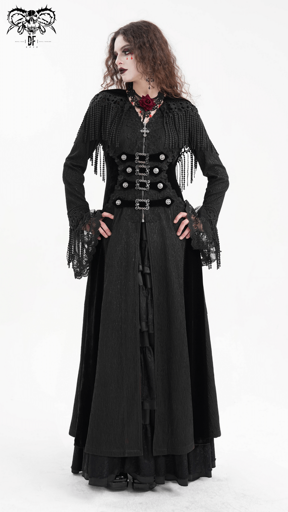 Elegant Gothic hooded cape with lace sleeves and metal detailing, perfect for alternative fashion enthusiasts.