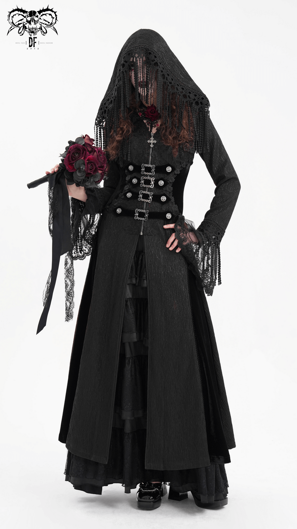 Elegant Gothic Hooded Cape with Lace and Metal Detailing