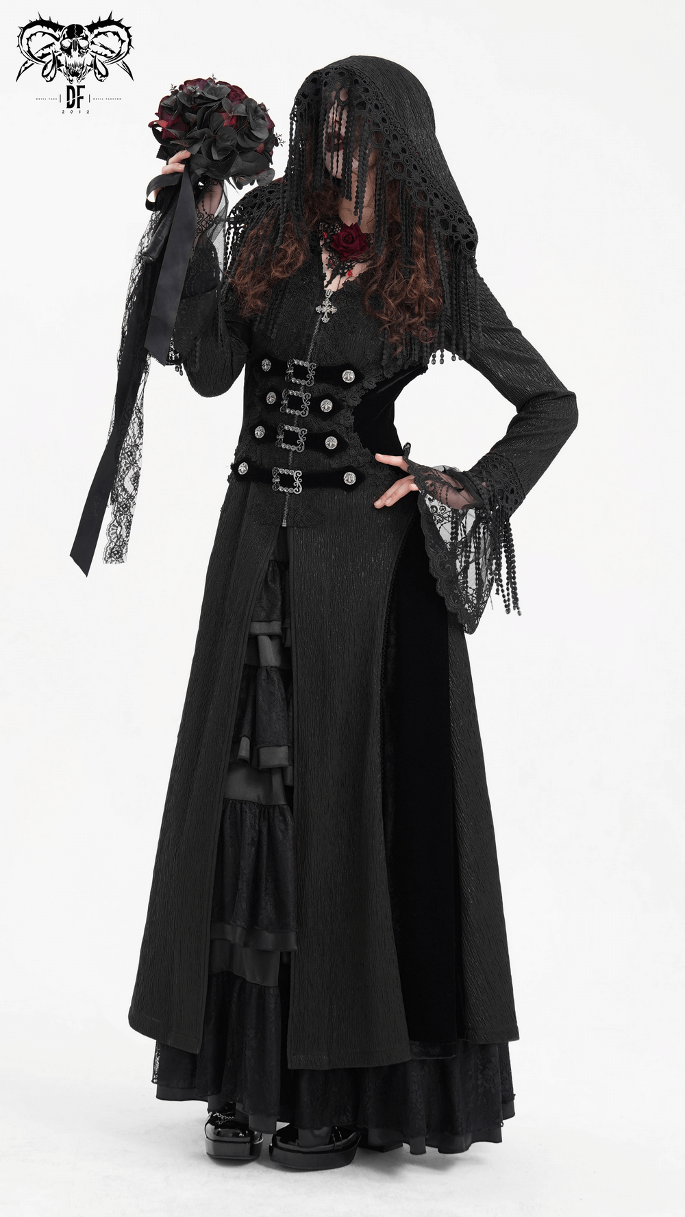 Elegant Gothic Hooded Cape with Lace and Metal Detailing