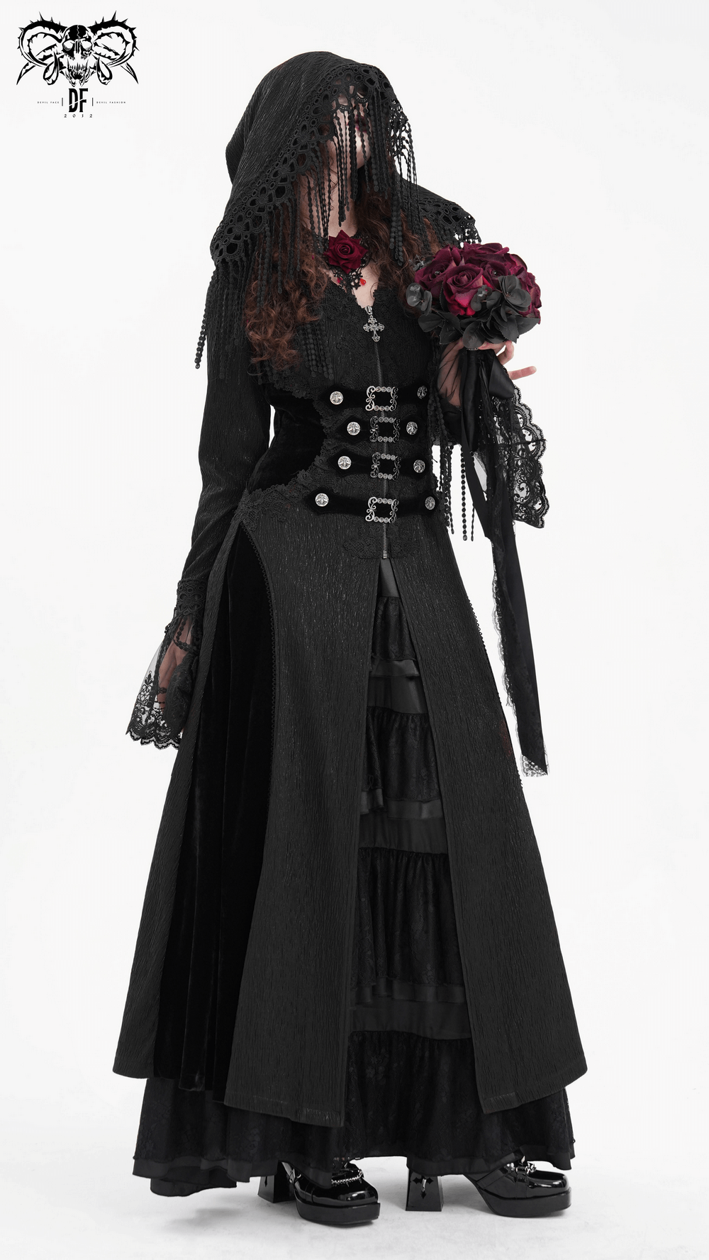 Elegant Gothic Hooded Cape with Lace and Metal Detailing