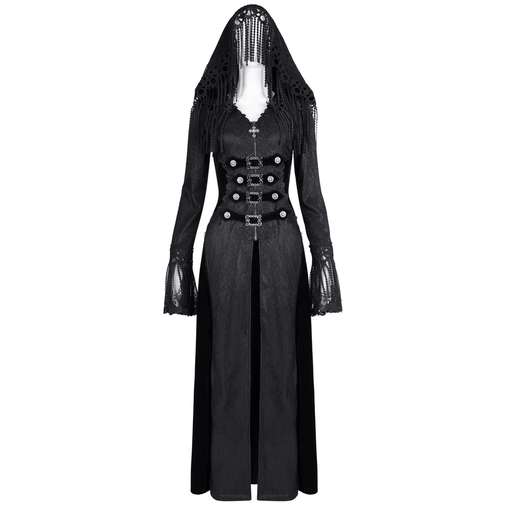 Elegant Gothic hooded cape with lace and metal detailing, perfect for alternative fashion lovers.