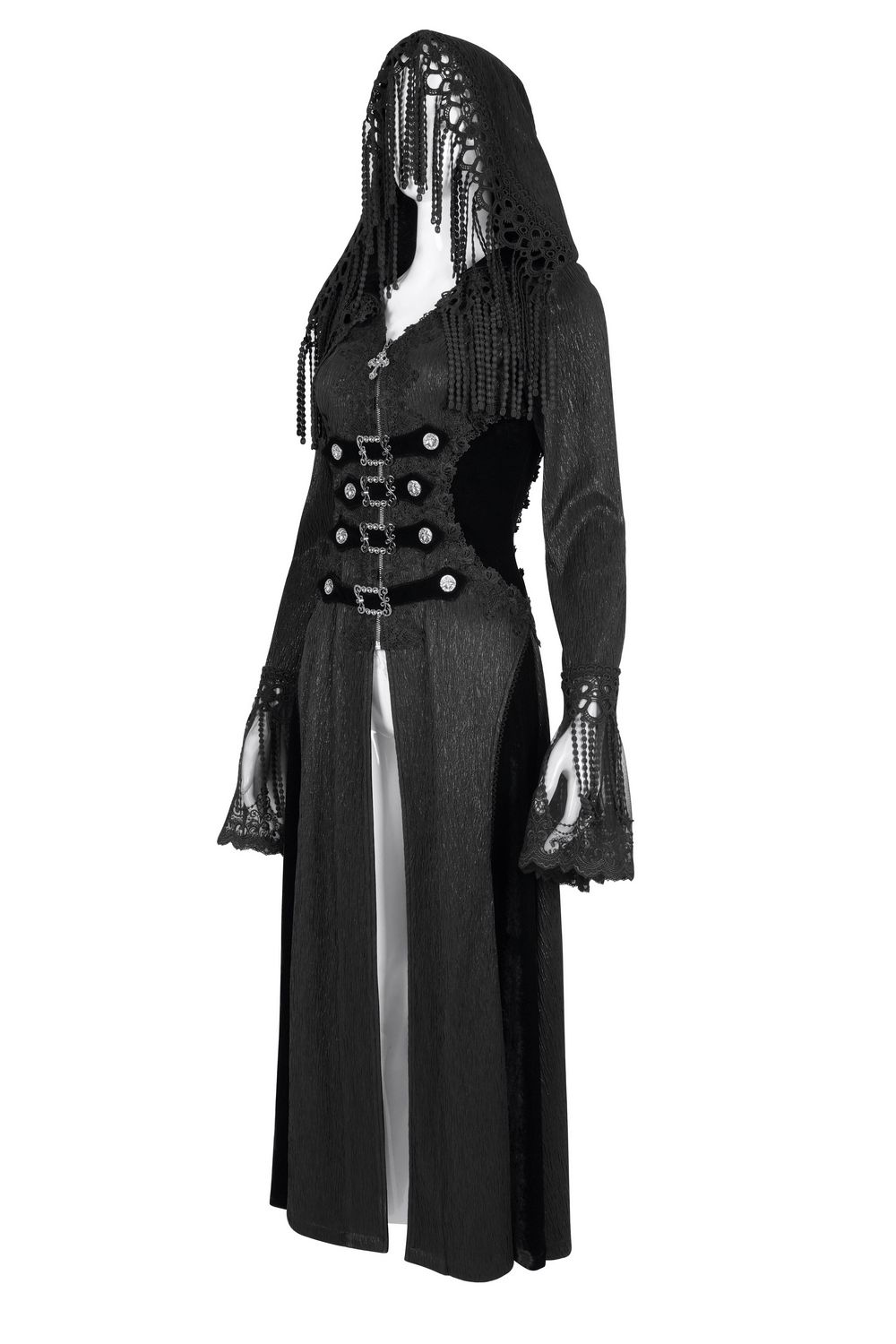 Elegant Gothic Hooded Cape with Lace and Metal Detailing