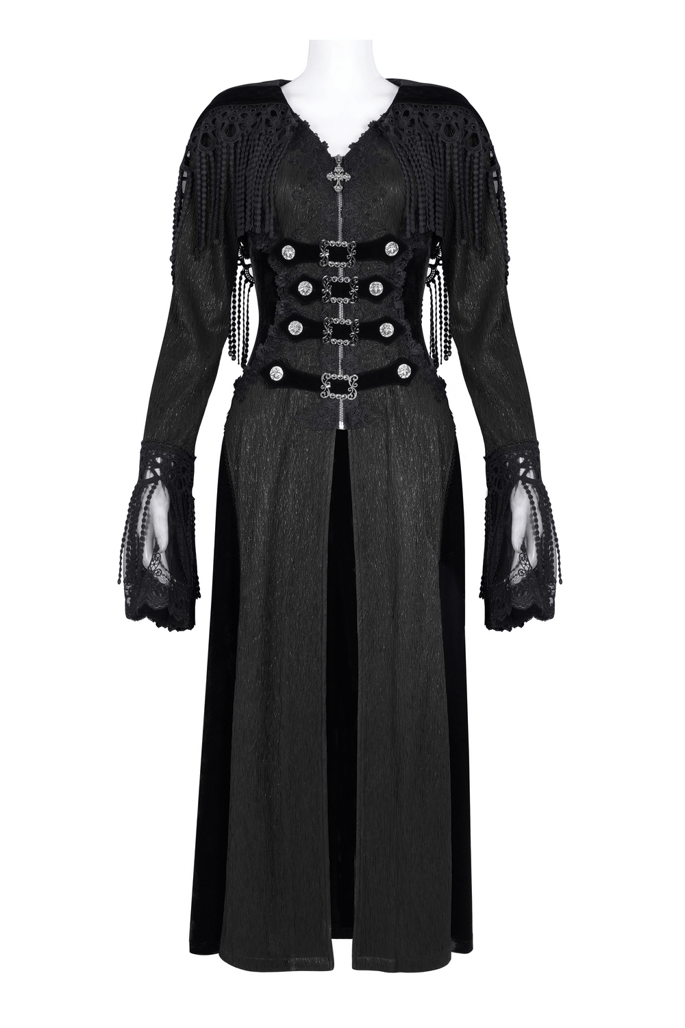 Elegant Gothic hooded cape featuring lace detailing and metal accents, perfect for Victorian-inspired fashion.