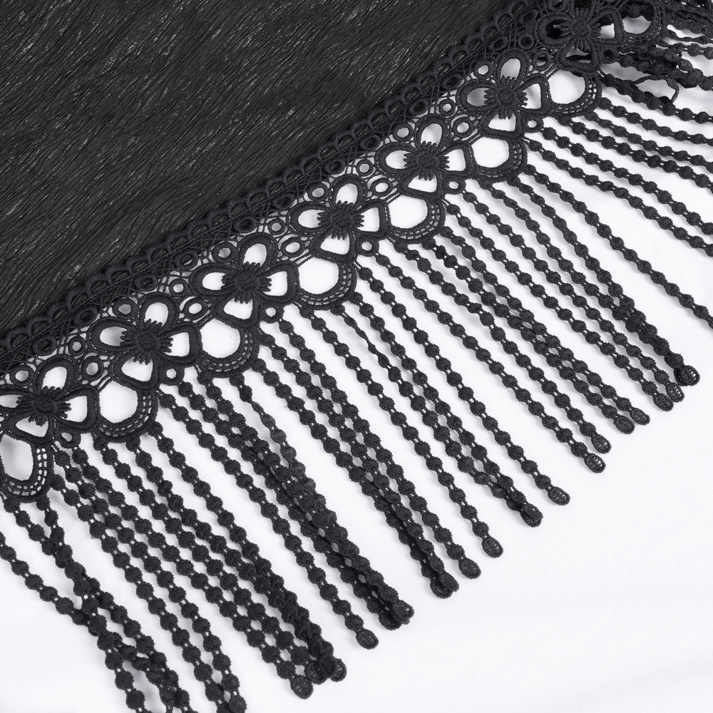 Intricate black lace detailing with beaded fringe, perfect for adding a Gothic touch to capes or costumes.