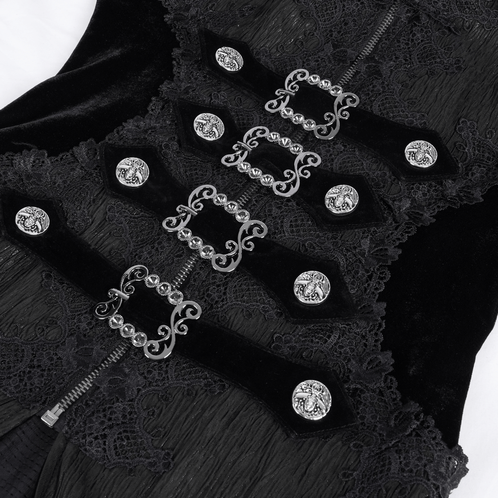 Close-up of intricate lace and metal detailing on an elegant Gothic hooded cape.