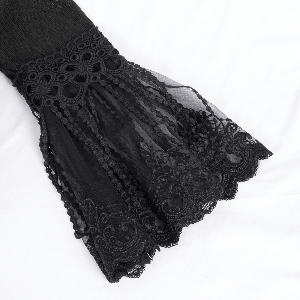 Close-up of elegant Gothic lace sleeve with intricate detailing, perfect for a Victorian-inspired hooded cape.