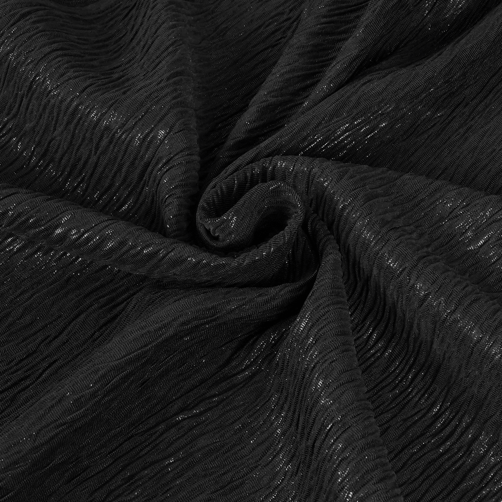 Textured black fabric swirl showcasing shine, ideal for elegant Gothic hooded capes and Victorian-inspired fashion.