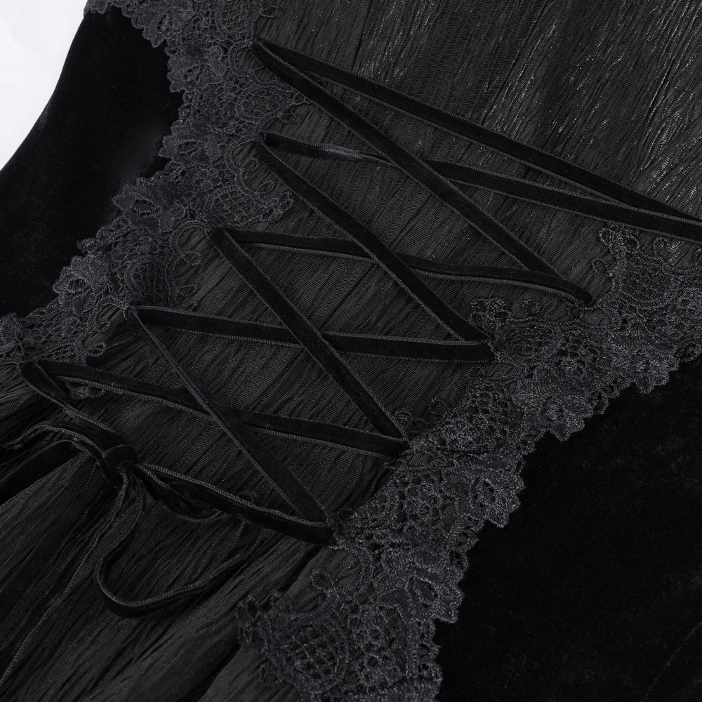 Close-up of the intricate lace and lace-up detailing on an elegant Gothic hooded cape.