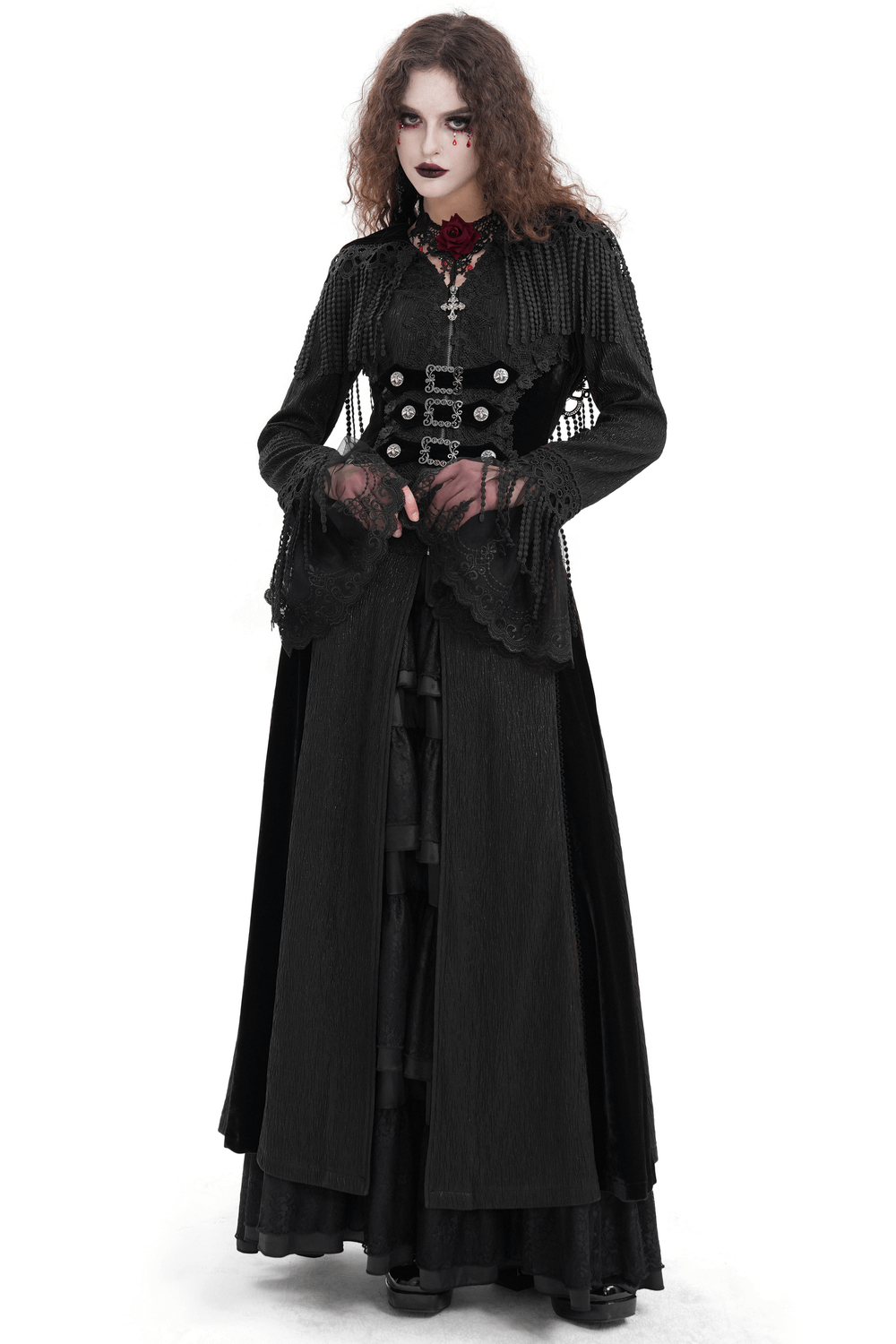 Elegant Gothic hooded cape with lace and metal detailing, perfect for alternative fashion lovers.