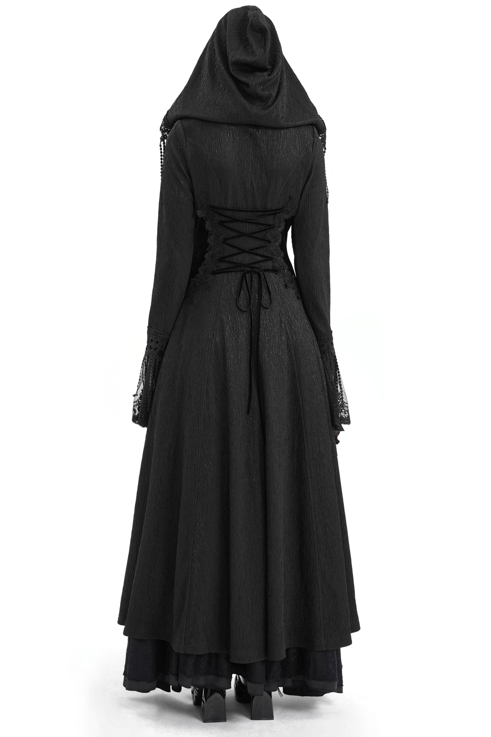 Elegant Gothic hooded cape featuring lace-up back and intricate lace sleeves, perfect for alternative fashion.