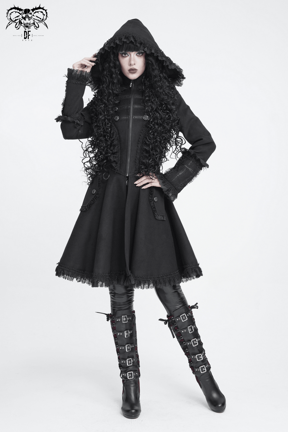 Elegant Gothic Hooded Coat with Flared Silhouette, black Victorian hooded coat dress with lace trim and hood