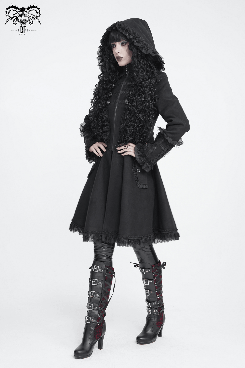 Elegant Gothic Hooded Coat with Flared Silhouette, Victorian black coat dress with lace frill trim and hood