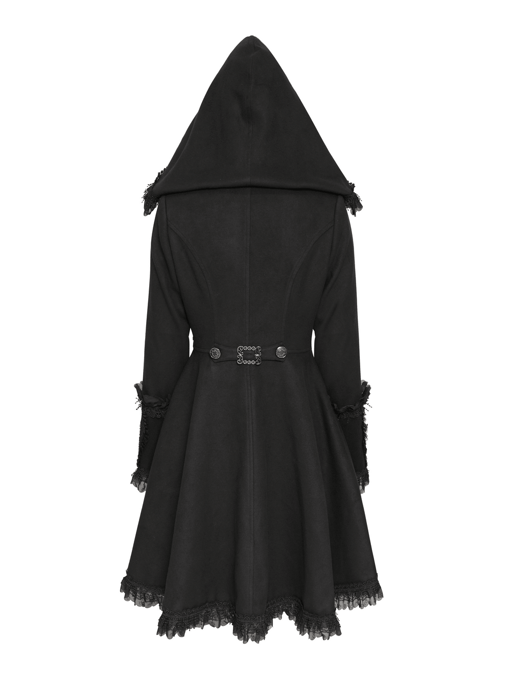 Elegant Gothic Hooded Coat with Flared Silhouette, black Victorian coat dress with lace trim and dramatic hood