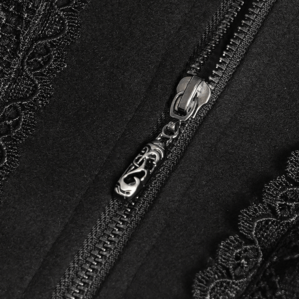 Elegant Gothic Hooded Coat with Flared Silhouette, black lace trim and ornate zip detail for Victorian-inspired style