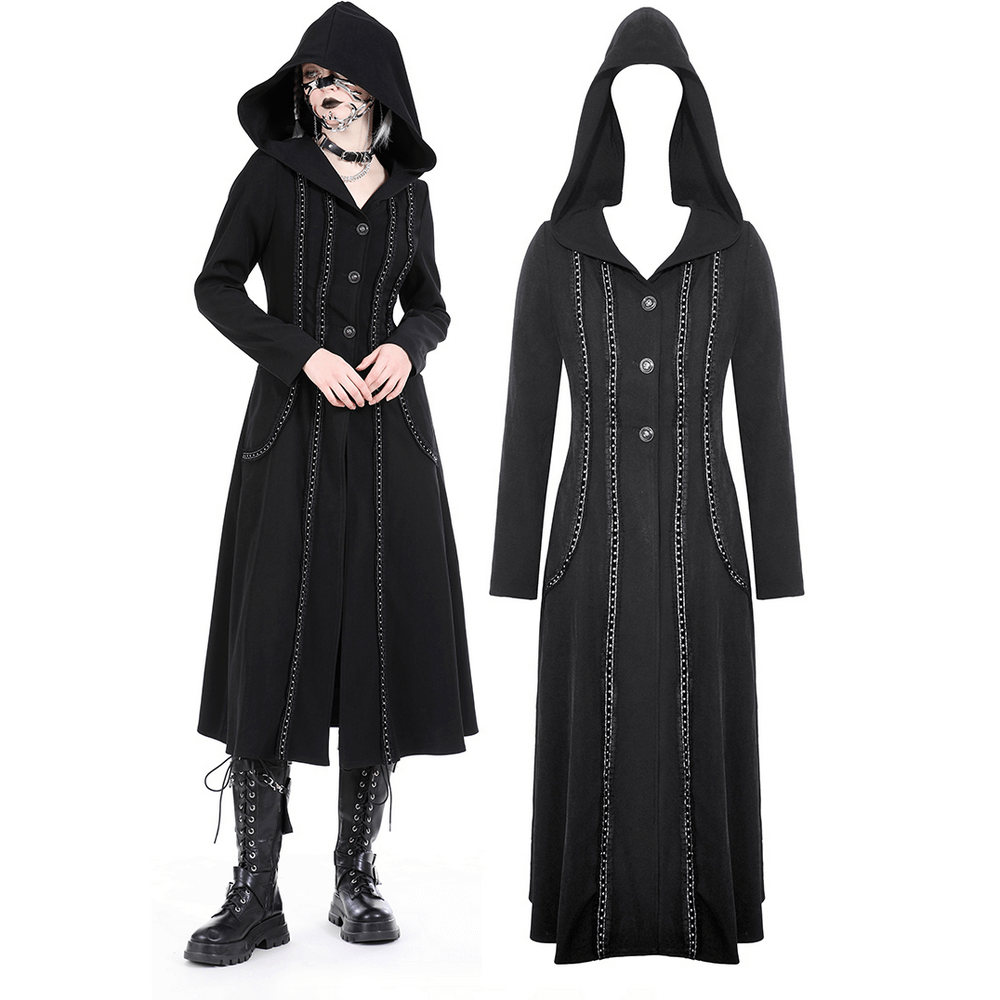 Elegant black hooded trench coat with lace detailing, perfect for gothic style lovers.