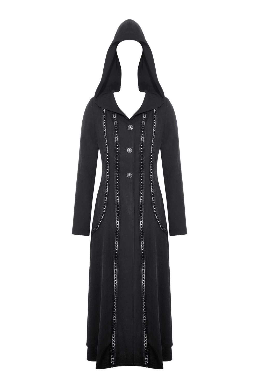 Elegant black hooded gothic trench coat with intricate lace detailing for a stylish, mysterious look.