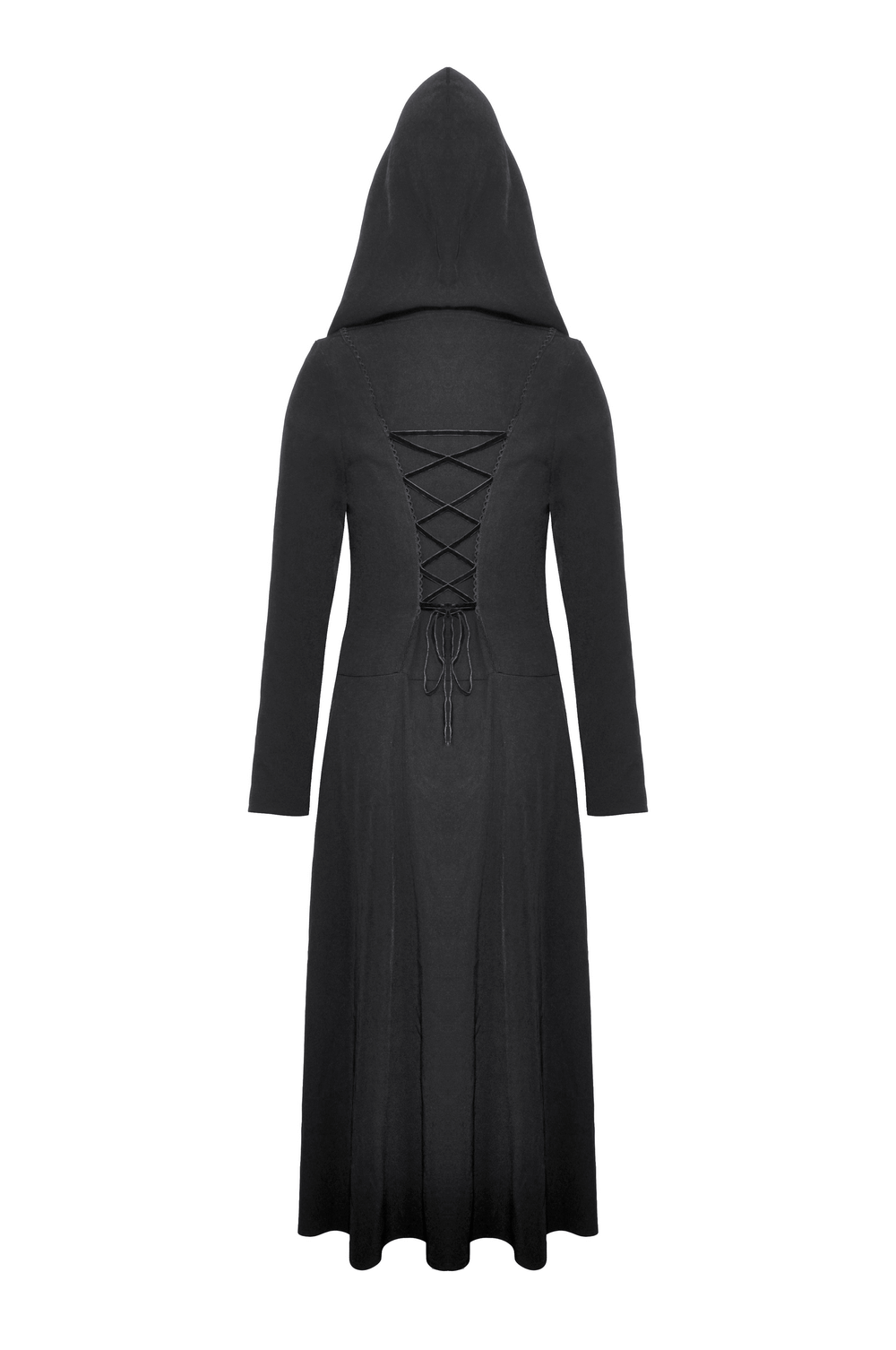 Elegant black gothic hooded coat featuring lace detailing at the back, perfect for stylish and mysterious looks.