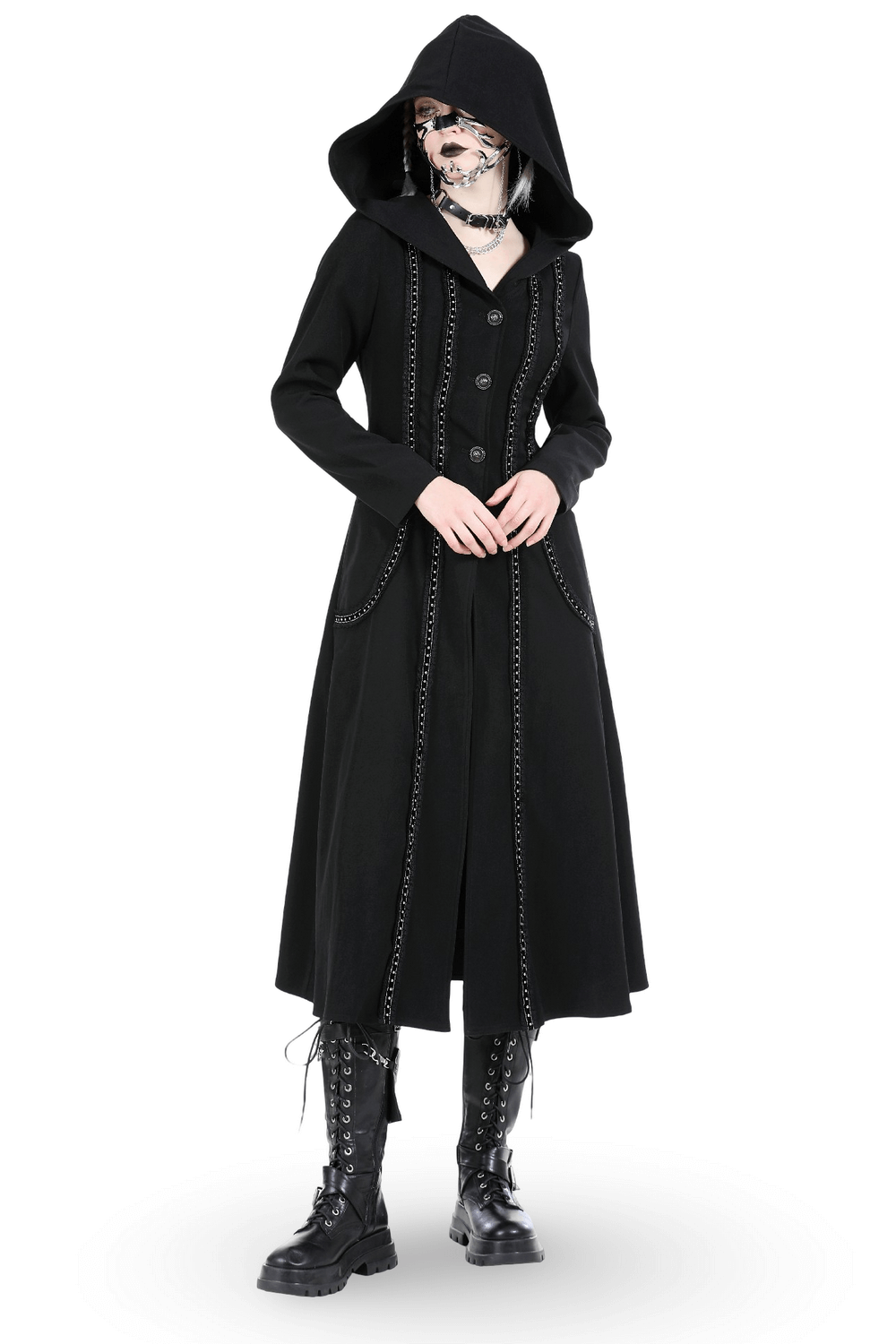 Elegant black hooded gothic trench coat with lace detailing, perfect for adding mystery to any outfit.
