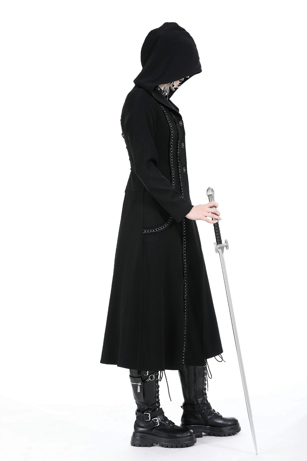 Elegant black hooded gothic trench coat with lace detail, styled with boots and sword, embodying gothic elegance.