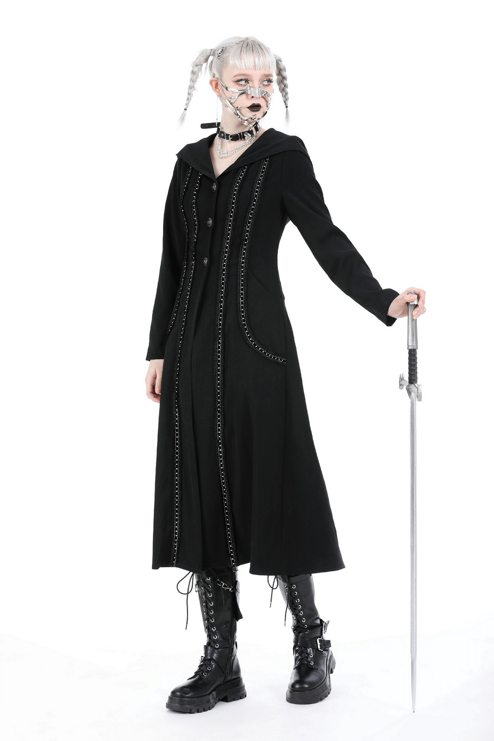 Elegant black gothic hooded coat with lace detailing, worn confidently by a model holding a sword.