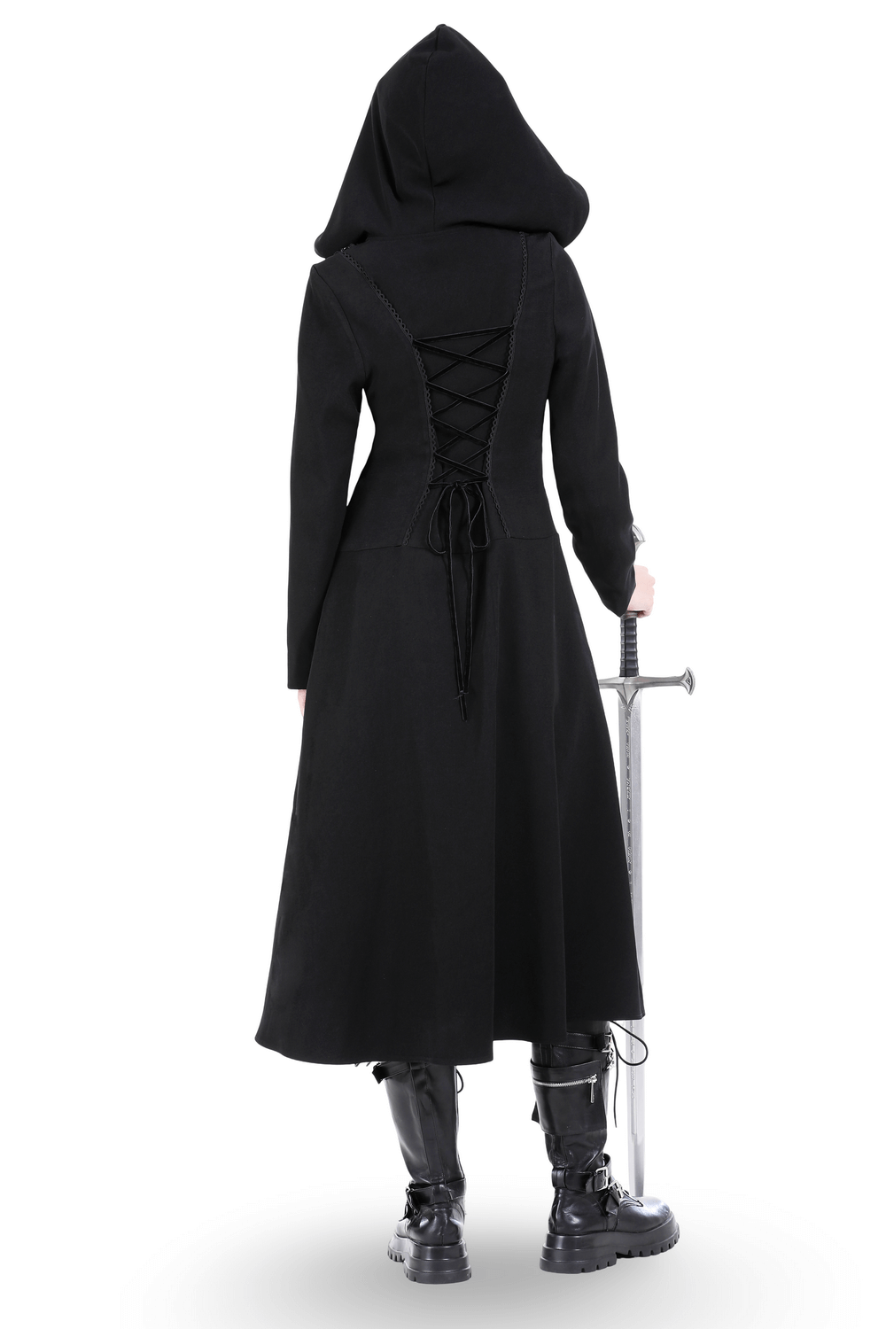 Elegant black gothic hooded coat with lace detailing, showcasing a flattering silhouette from the back.