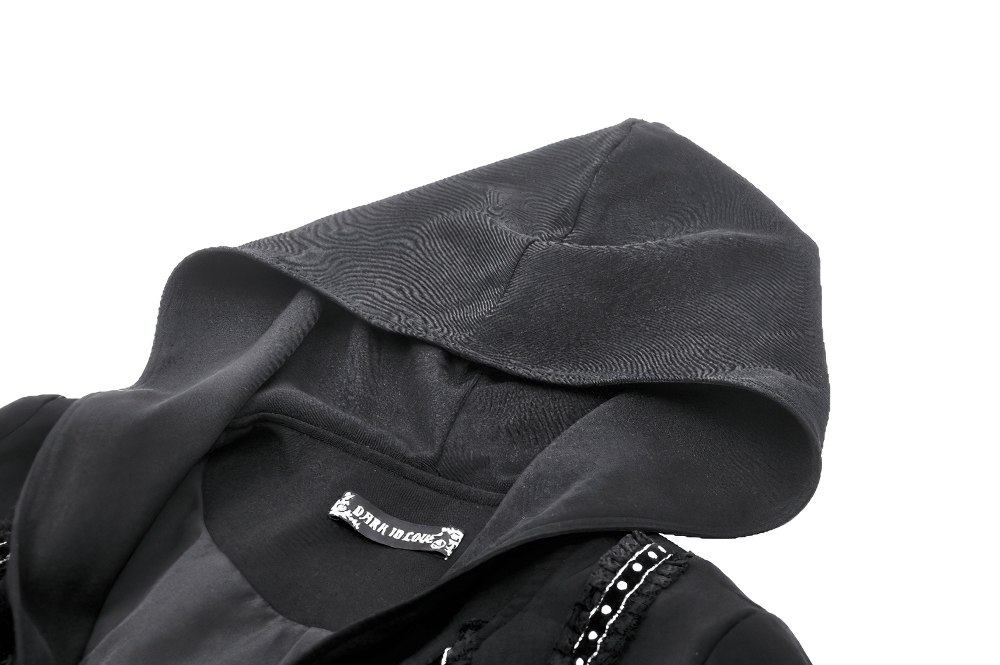 Close-up of an elegant black gothic hooded coat showcasing intricate lace detailing.