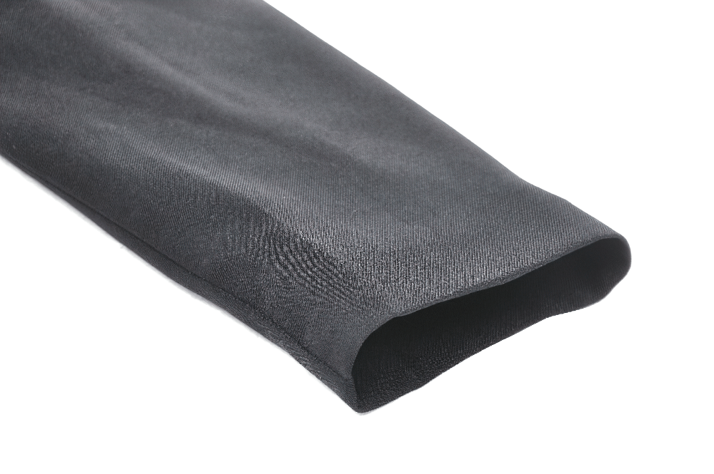 Close-up of a black gothic coat sleeve showcasing its sleek texture and elegant design.