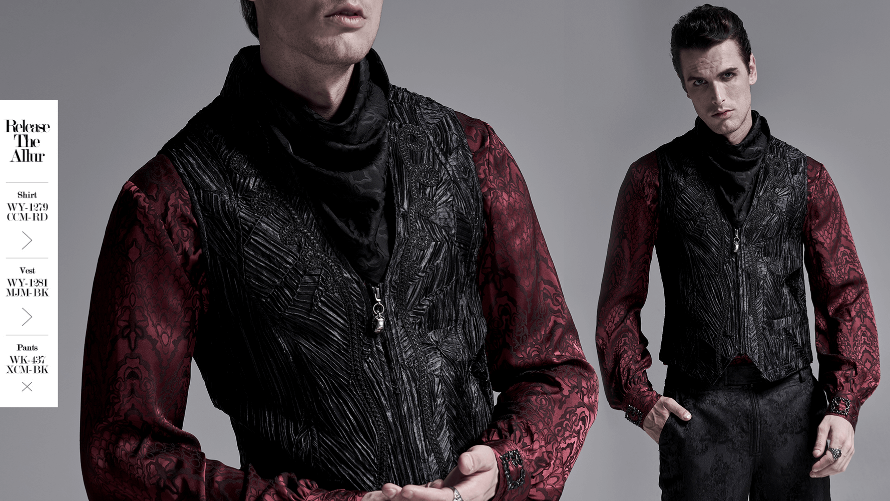 Stylish man in Gothic attire, featuring a black textured vest and a triangular scarf for a bold fashion statement.