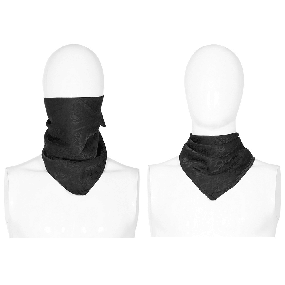 Men's elegant gothic jacquard triangular scarf displayed on mannequins, showcasing its stylish design and intricate patterns.