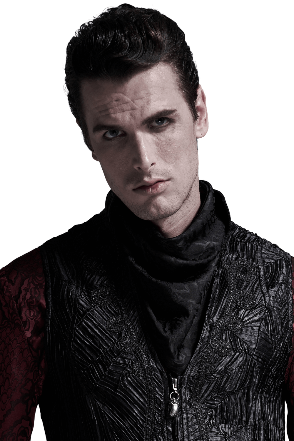 Stylish man wearing an elegant Gothic jacquard triangular scarf, showcasing intricate patterns and unique craftsmanship.