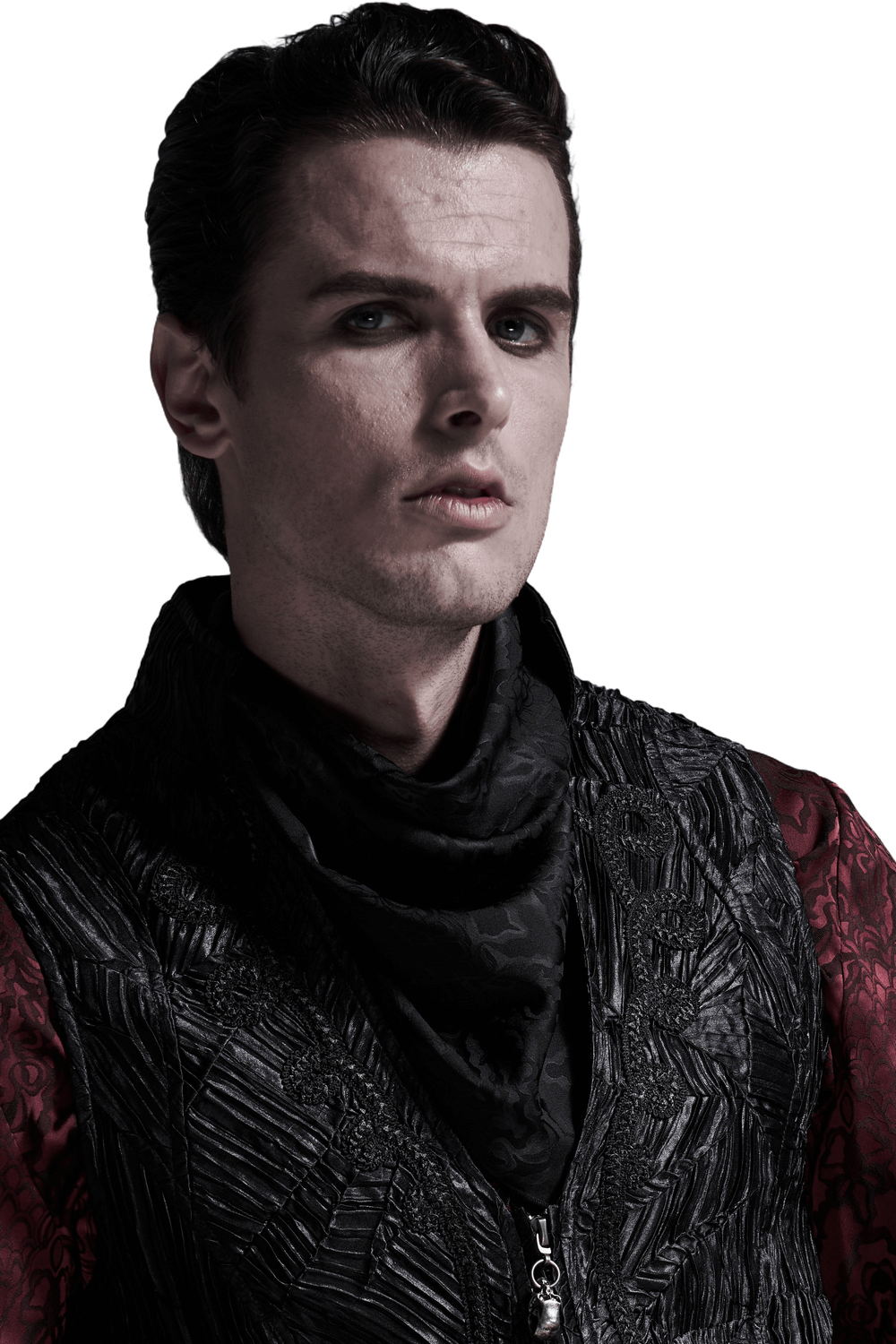 Stylish man wearing an elegant Gothic jacquard triangular scarf, showcasing intricate patterns and craftsmanship.