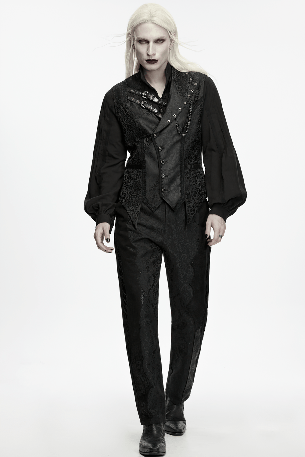 Elegant Gothic Jacquard Waistcoat with Buckle Straps, dark Victorian vest with chain detail and asymmetrical collar