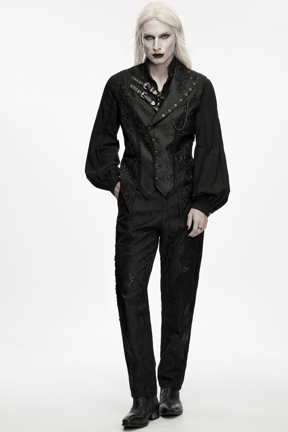 Elegant Gothic Jacquard Waistcoat with Buckle Straps, dark Victorian steampunk style with fitted waist, chain detail, and pointed hem
