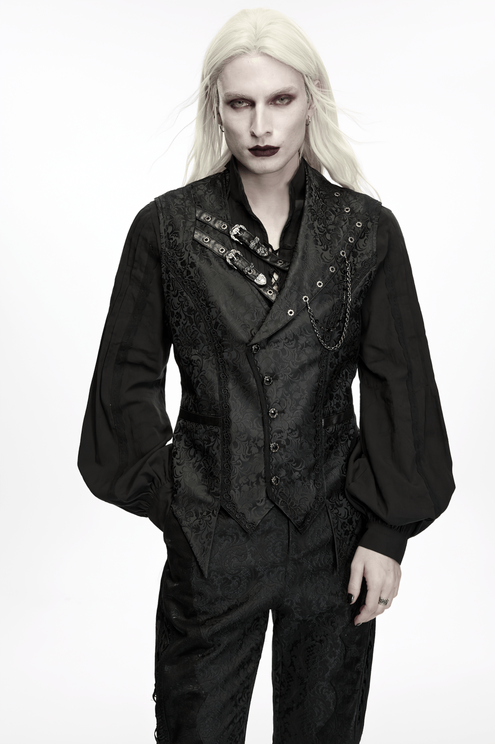 Elegant Gothic Jacquard Waistcoat with Buckle Straps in black, featuring asymmetrical collar, pointed hem, and chain detail