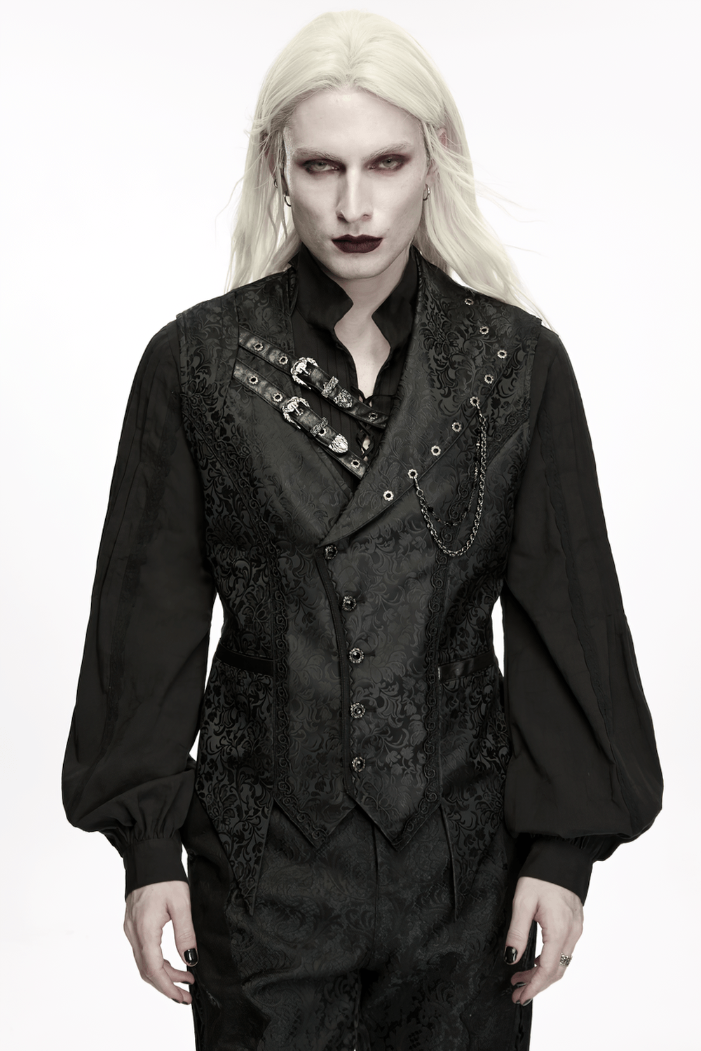 Elegant Gothic Jacquard Waistcoat with Buckle Straps, black Victorian-style gothic vest with floral jacquard and chain