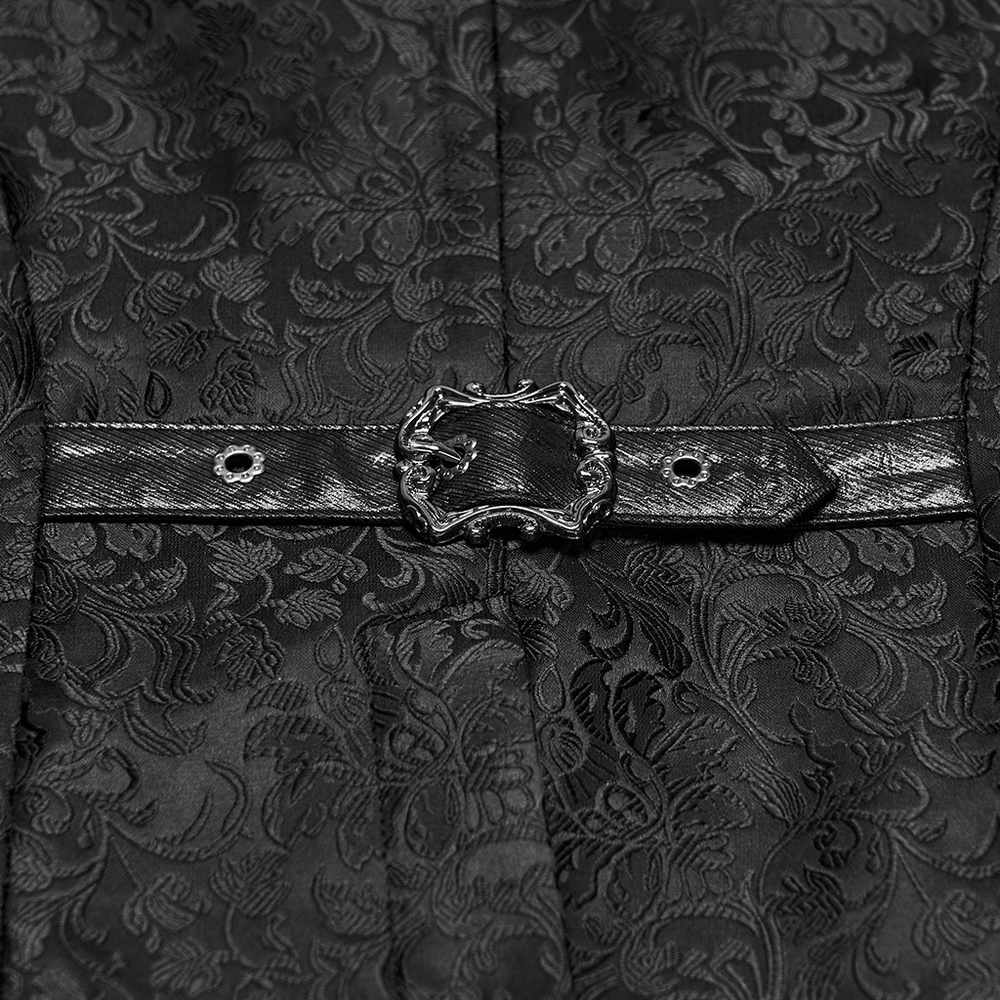 Elegant Gothic Jacquard Waistcoat with Buckle Straps, black floral jacquard with ornate buckle detail and Victorian goth flair