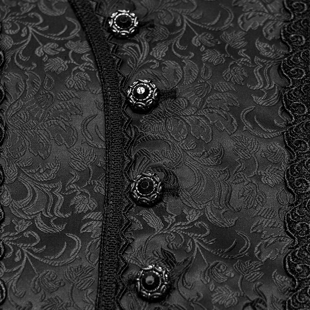 Elegant Gothic Jacquard Waistcoat with Buckle Straps, dark floral pattern, vintage buttons, dramatic Victorian steampunk style