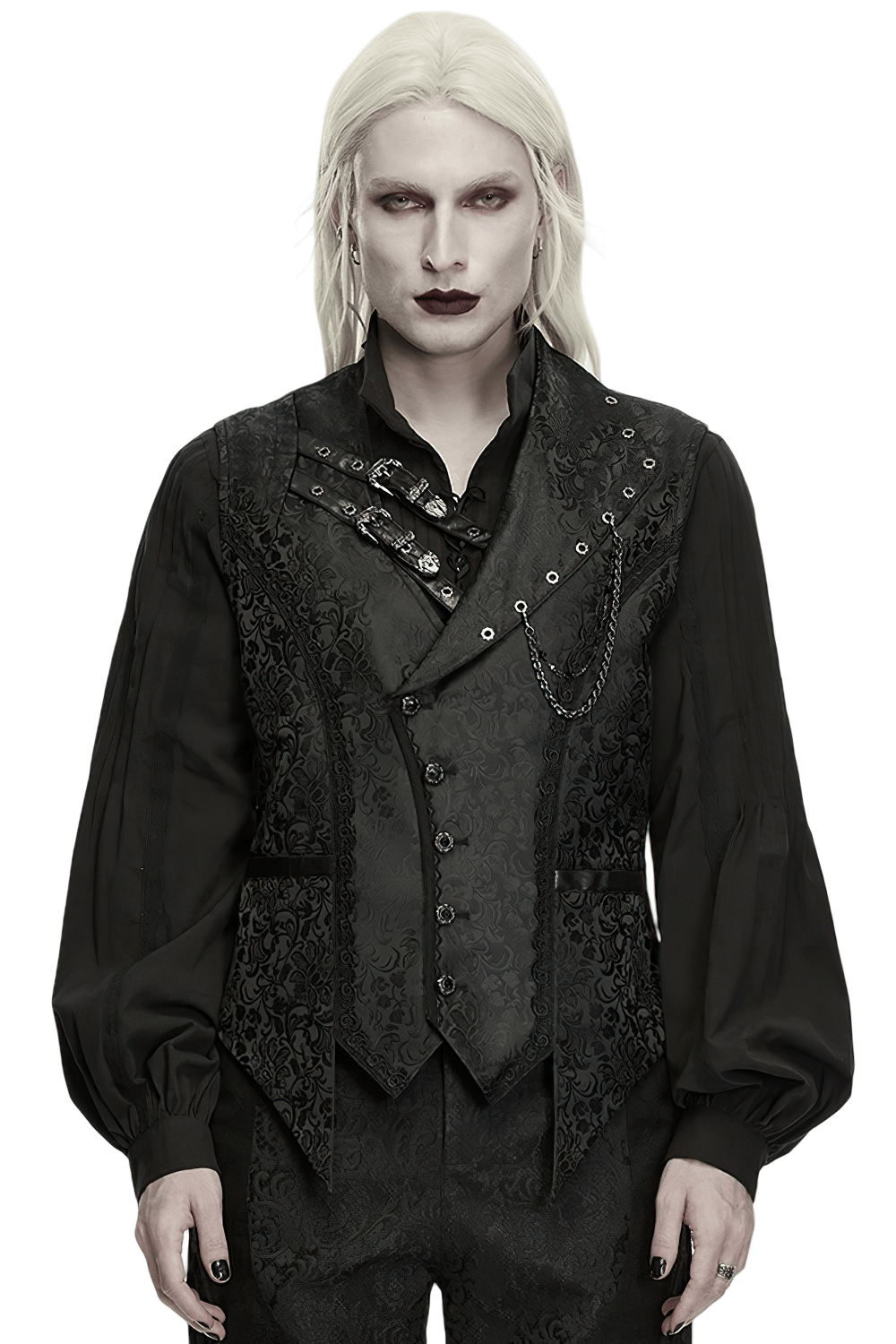 Elegant Gothic Jacquard Waistcoat with Buckle Straps, dark floral steampunk vest with chain and pointed hem