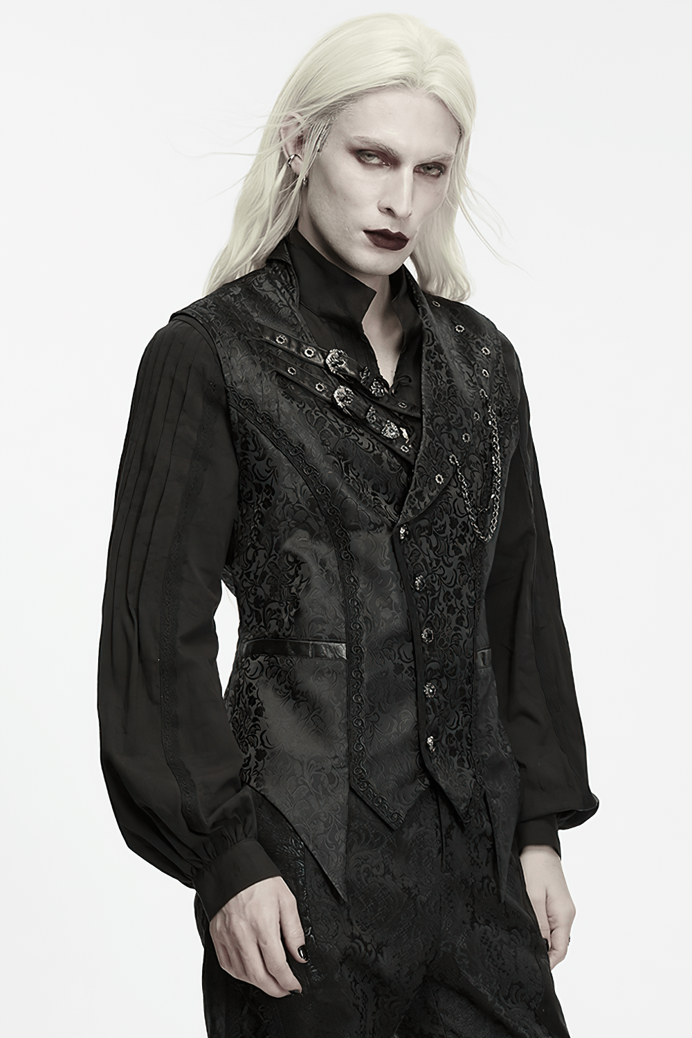Elegant Gothic Jacquard Waistcoat with Buckle Straps, dark floral Victorian steampunk vest with chain detail