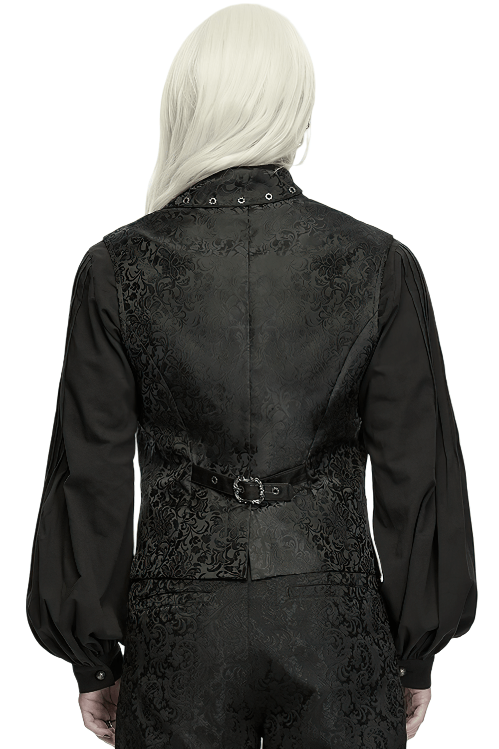 Elegant Gothic Jacquard Waistcoat with Buckle Straps, black floral jacquard back view with steampunk gothic flair