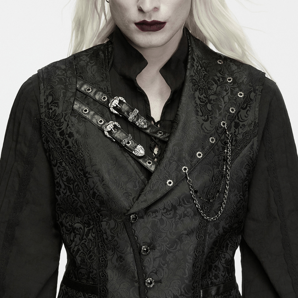 Elegant Gothic Jacquard Waistcoat with Buckle Straps, black floral steampunk vest with chain detail and pointed hem