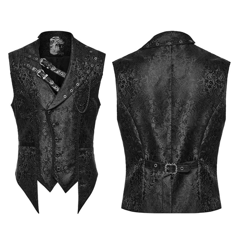 Elegant Gothic Jacquard Waistcoat with Buckle Straps black floral asymmetrical collar, chain detail, pointed hem, front and back