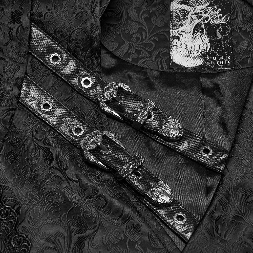 Elegant Gothic Jacquard Waistcoat with Buckle Straps, black floral brocade, asymmetrical collar, pointed hem, punk gothic style