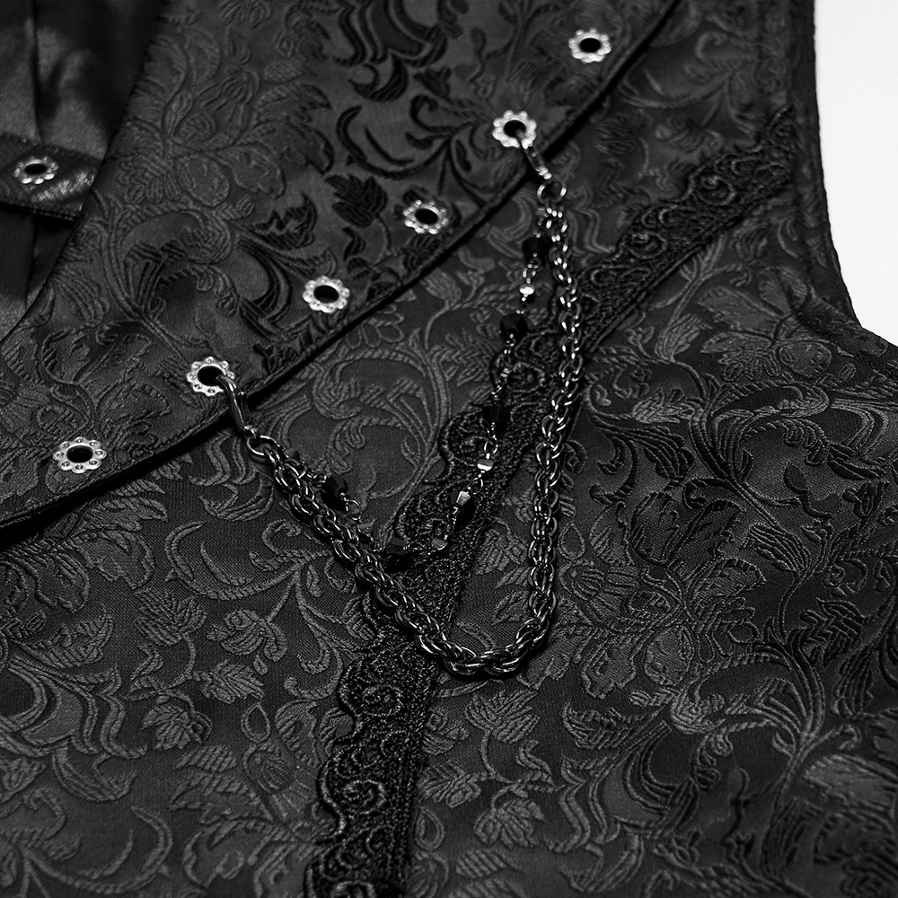 Elegant Gothic Jacquard Waistcoat with Buckle Straps black floral steampunk vest with chain detail and vintage buttons
