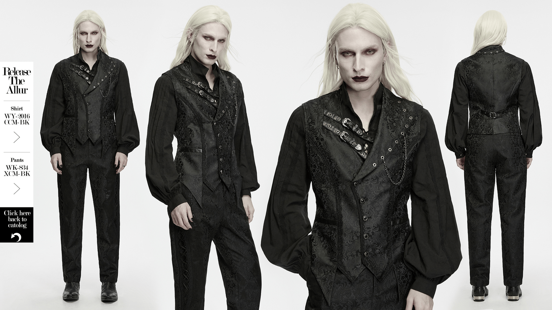 Elegant Gothic Jacquard Waistcoat with Buckle Straps, black Victorian steampunk vest with asymmetrical collar and chain details